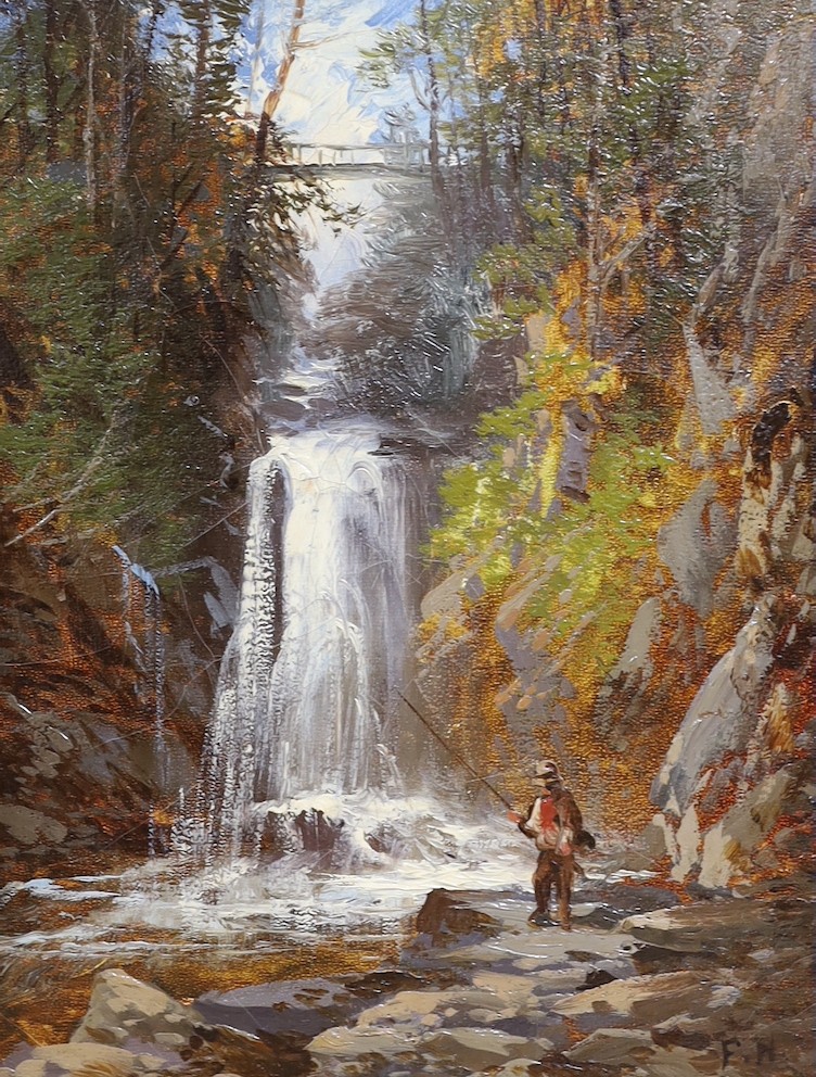 Frederick Henry Henshaw (1807-1891), pair of oils on canvas, 'Glen Holm, Isle of Man' and 'Footbridge beside a waterfall', monogrammed, 22 x 17cm